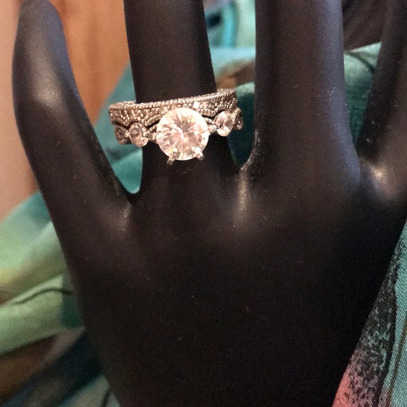 Sterling Silver & CZ Engagement & Wedding Ring Set - Picture 1 of 11